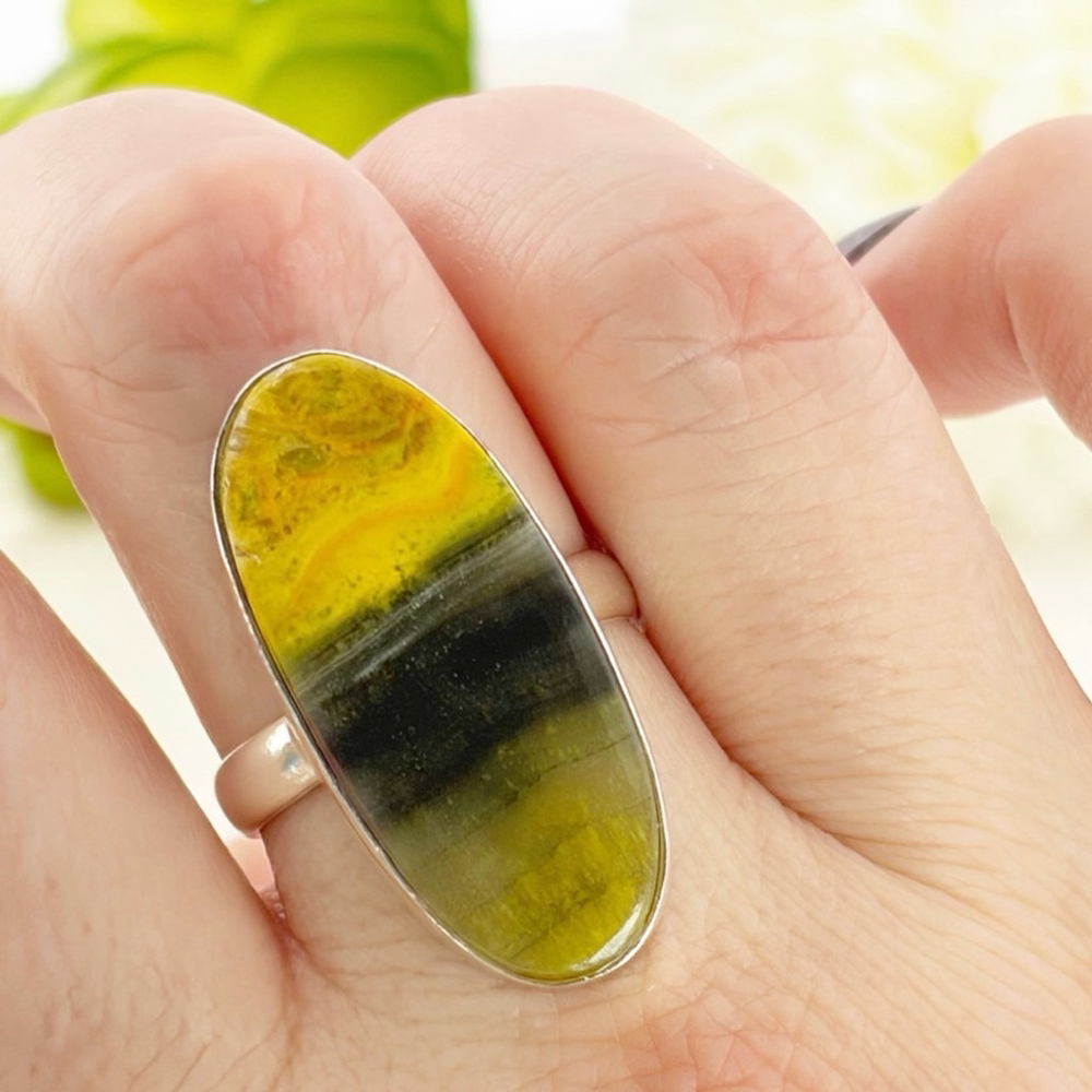 Pure Sterling Silver 925 Bumblebee Jasper Long Ring Size 9 14 Boho Southwest 72$
